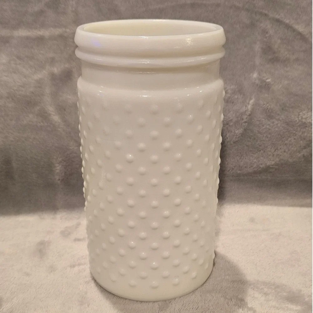 Vintage White Milk Glass Hobnail Vase Cylindrical Decorative Jar 7.25 inch